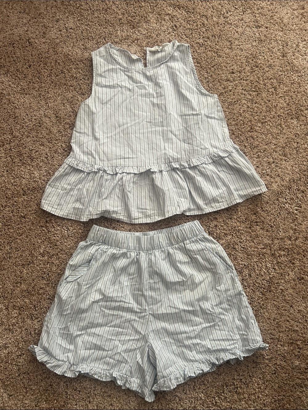 H&M Light Blue & White Striped Ruffle Tank + Shorts Set
